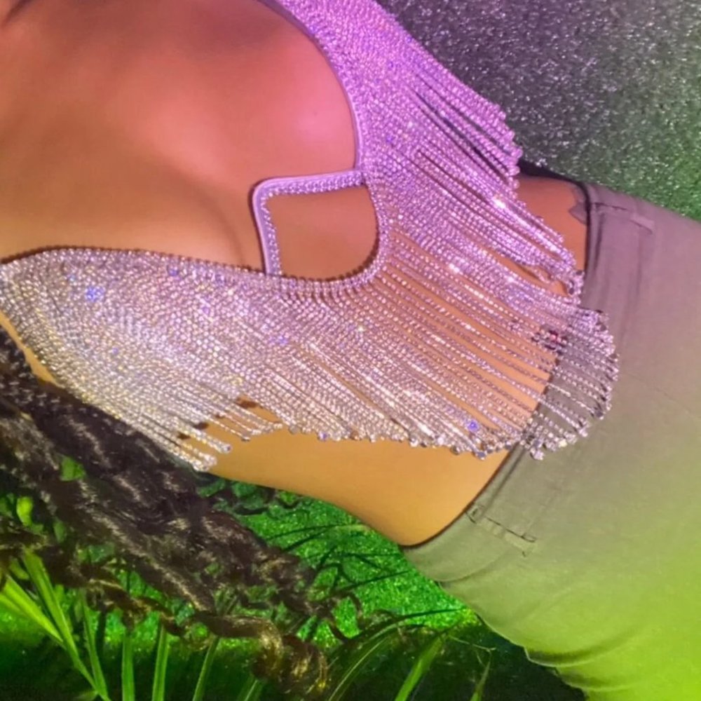 Festival-ready rhinestone crystal diamond silver bra top